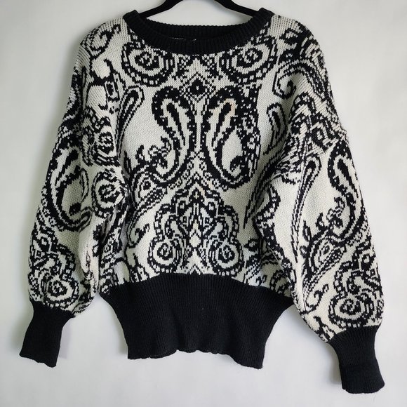 Vintage 80s Angenie Black & White Womens Small Long Sleeve Pullover Sweater - Picture 1 of 12